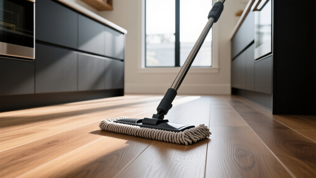 Close-up of a microfiber mop gliding over textured rigid core luxury vinyl plank flooring in a sunlit modern kitchen with dark cabinetry