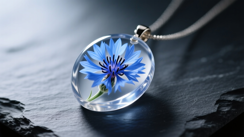 Macro shot of a clear resin pressed flower necklace pendant with a delicate blue cornflower resting on dark slate