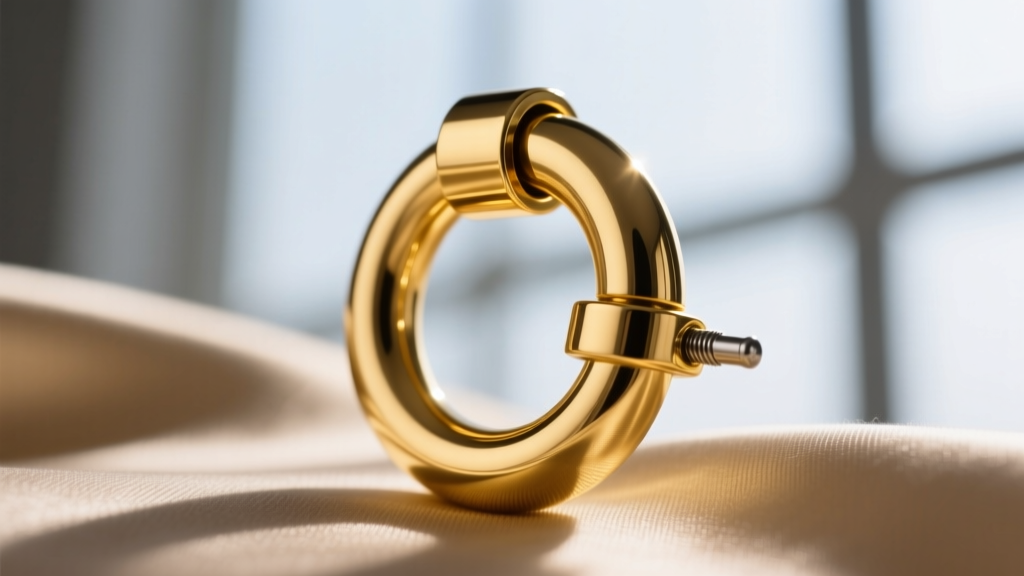 Macro shot of an 18-gauge hinged clicker closure on a gold cartilage hoop, highlighting the snap mechanism and polished finish