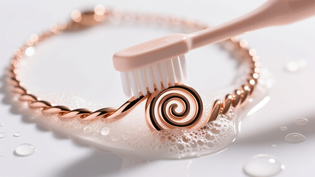 Soft-bristled toothbrush gently scrubbing the tight inner coils of a rose gold spiral necklace submerged in a mild soapy solution.
