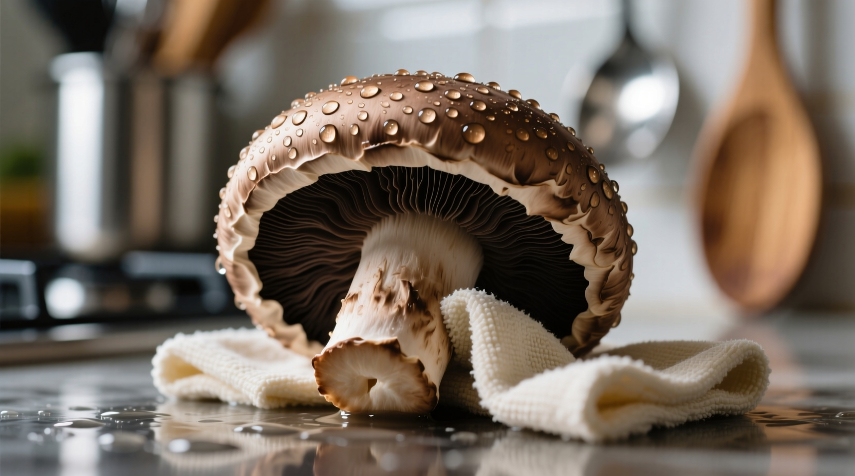Fresh portobello mushrooms being cleaned with a damp cloth