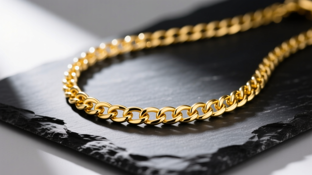 Macro shot of a 14k gold filled chain necklace resting on dark slate, highlighting the rich yellow color and detailed links.
