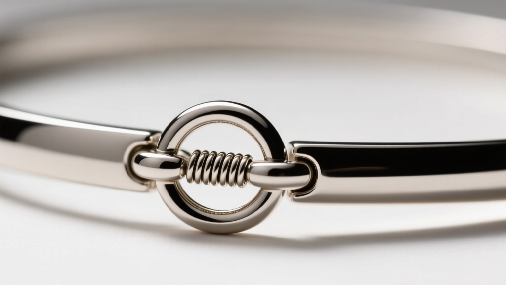 Macro view of a 5mm lobster clasp on a 13-inch silver choker, showing the soldered jump ring and internal tension spring.