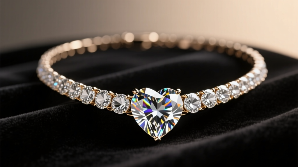 Heart-cut diamond tennis necklace on dark velvet, showing sharp clefts and brilliant facets under warm, focused studio lighting.
