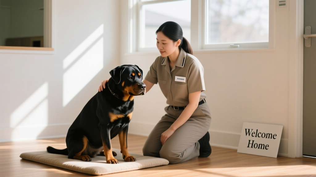 A calm, well-lit shelter intake area where staff gently interact with a Rottweiler