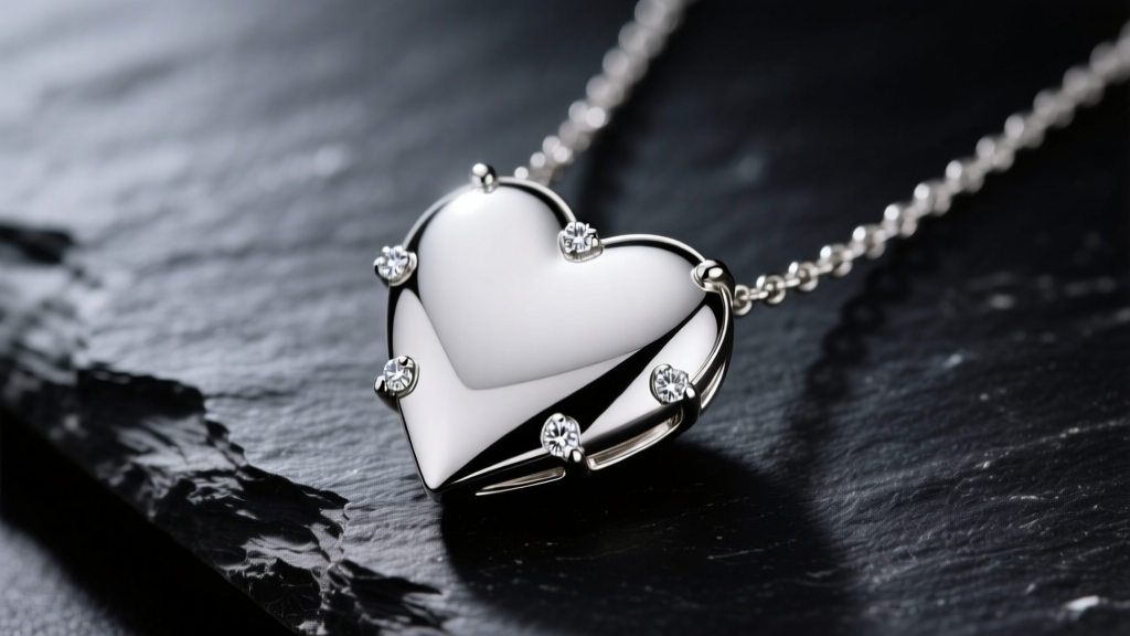 Macro shot of an 18k white gold heart pendant necklace on dark slate, highlighting the rhodium finish and diamond prong setting.