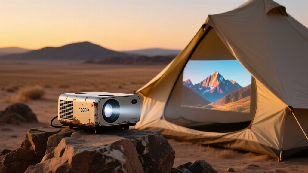 A rugged portable projector sitting on a rocky outdoor surface at dusk, projecting a crisp 1080p image onto a canvas tent.