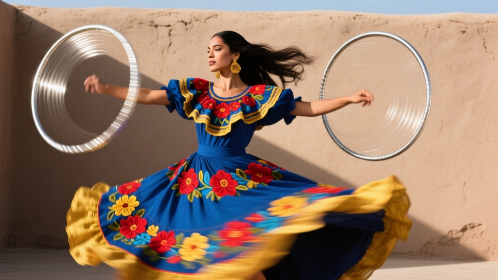 Professional dancer in bright Jalisco dress performing a spin, with large lightweight aluminum folklorico hoops blurring in motion