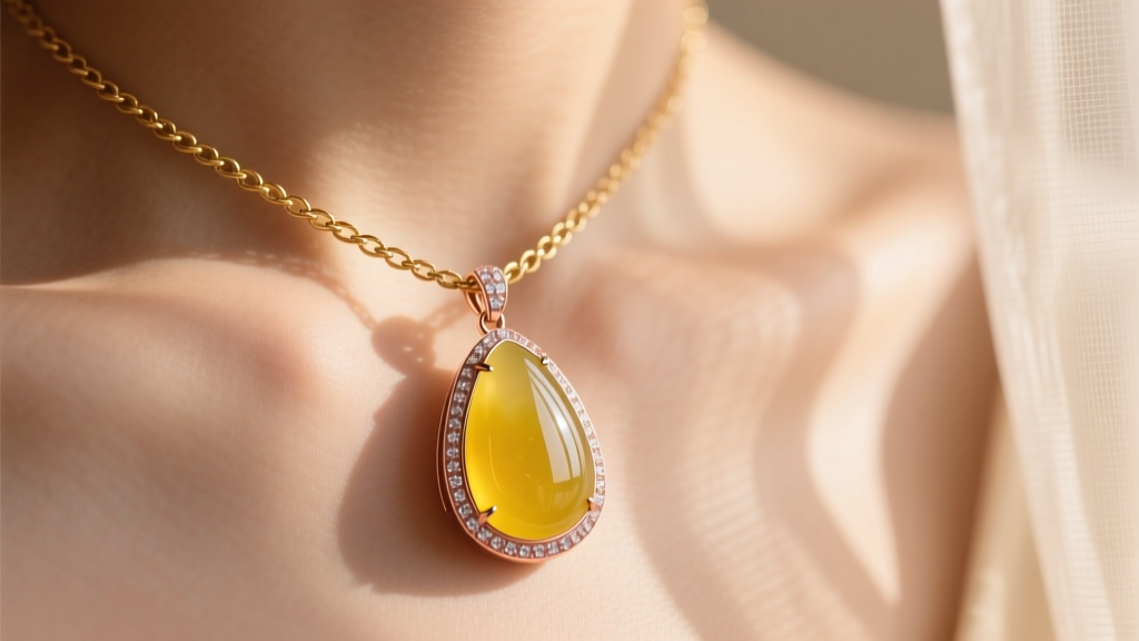 Yellow jade teardrop pendant set in a 14k rose gold bezel with a delicate wheat chain, worn against a warm skin tone neckline