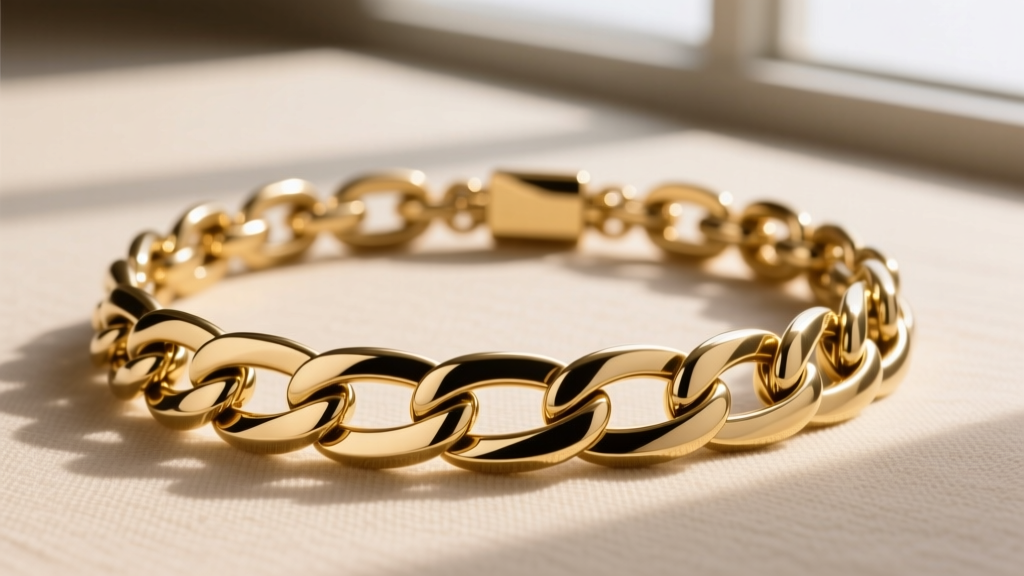Side view of a gold-plated brass Bottega chain necklace, showing thick micron plating and soldered links on a beige background