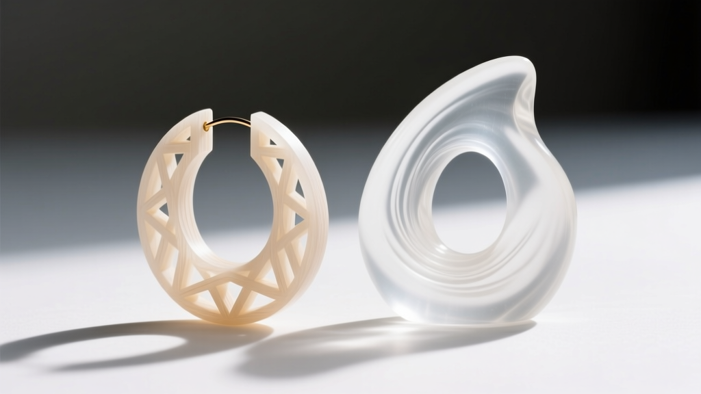Carved cellulose acetate hoop earring beside a hollow resin piece, emphasizing lightweight material construction and thickness