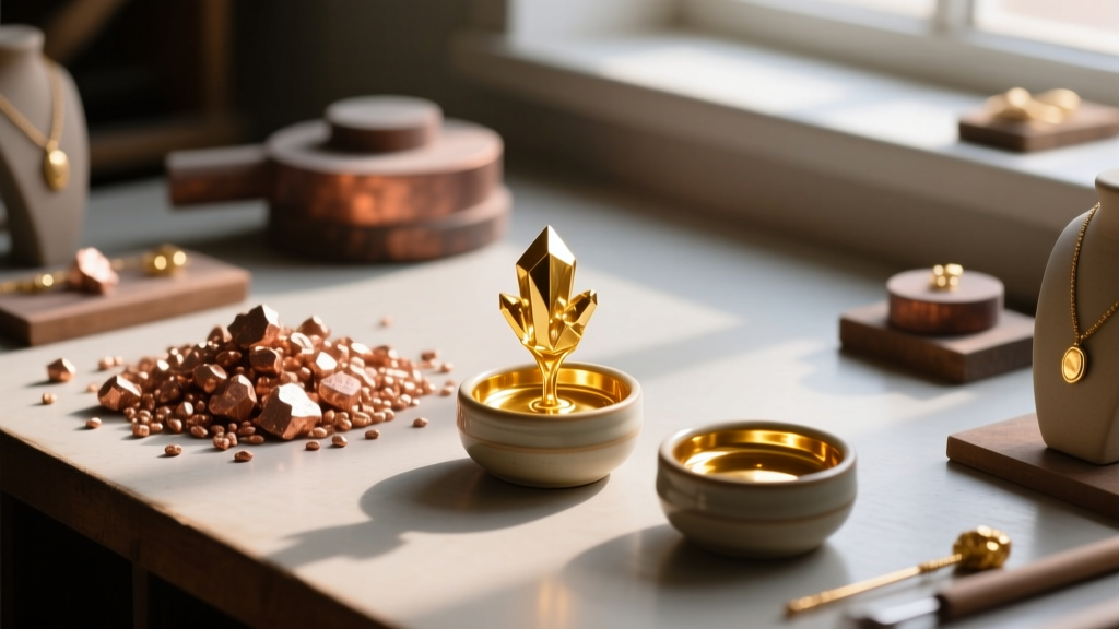 Jeweler workbench displaying raw copper grains and pure gold casting shot in small ceramic crucibles under warm directional light.