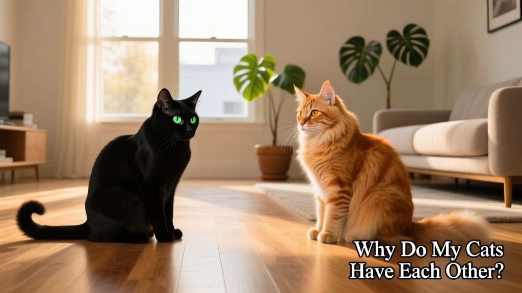 Two cats sitting on opposite sides of a room, watching each other warily