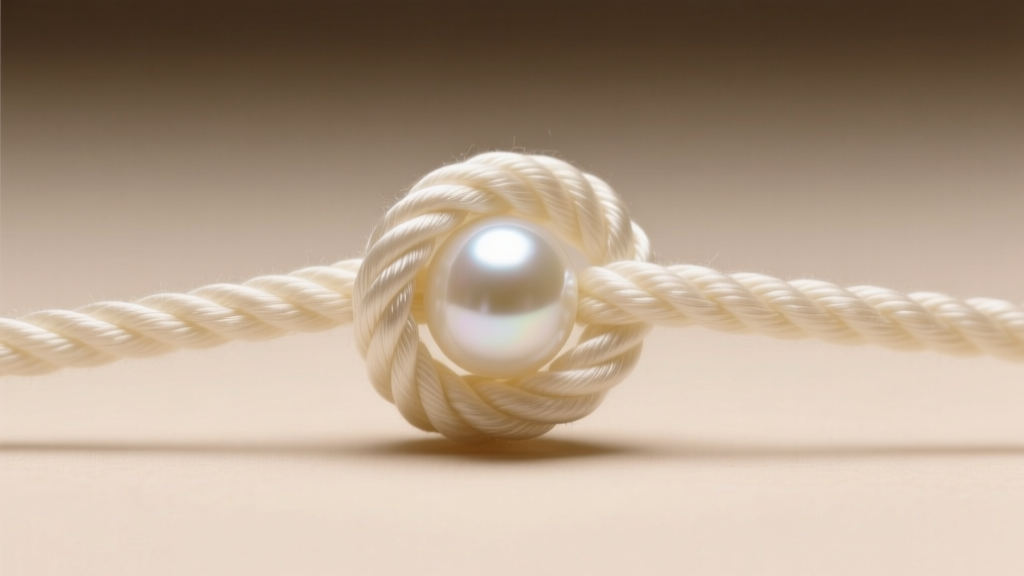 Close-up of a tight surgeon knot on ivory silk cord securing a white pearl under soft, warm directional studio lighting.