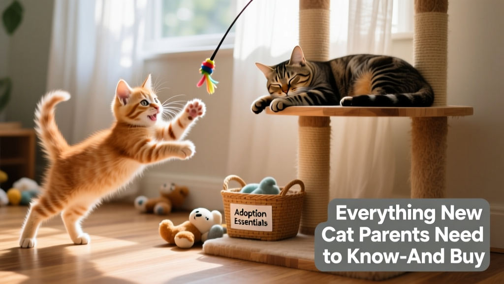 A playful kitten mid-pounce on a wand toy while a relaxed adult cat naps nearby on a cat tree
