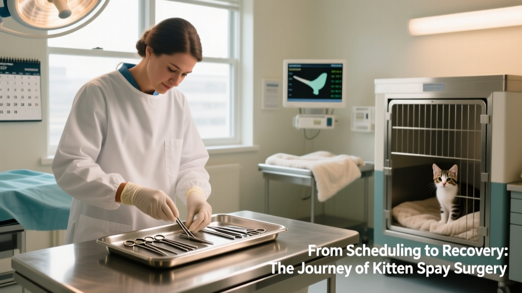 Veterinarian in sterile gown and gloves preparing surgical tools in a clean, well-lit operating room