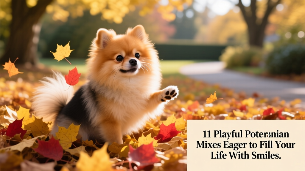 pomeranian shih tzu mix sitting in a pile of leaves