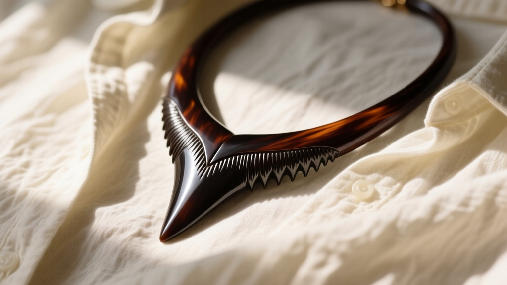 Polished dark mahogany megalodon tooth necklace resting on a textured cream linen shirt, illuminated by soft natural sunlight.