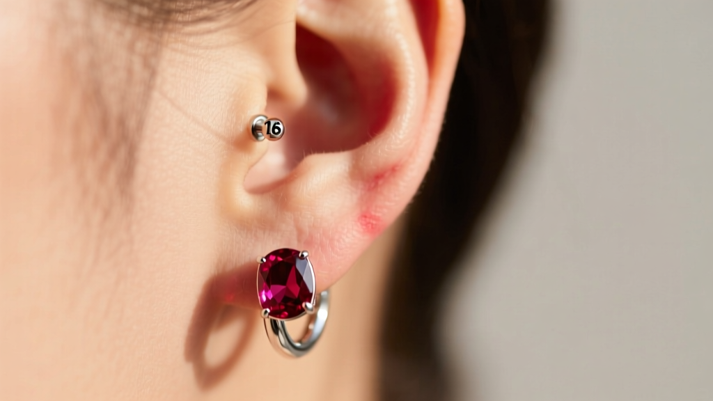 Side profile of an earlobe wearing a thick 16-gauge ruby huggie earring, showing slight redness where the metal post meets skin.