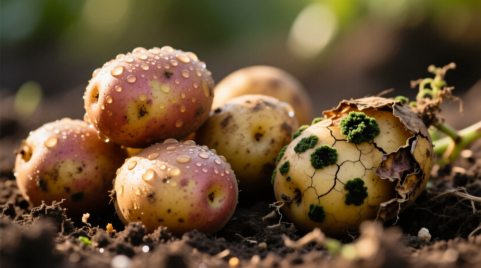 Close-up of fresh potatoes next to spoiled potatoes with green spots