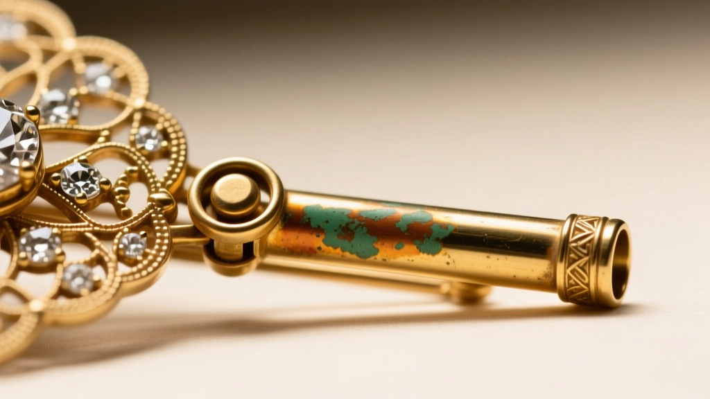 Close-up of a vintage trombone push-pull clasp on a 1920s diamond filigree brooch showing patina and the mechanical barrel tube