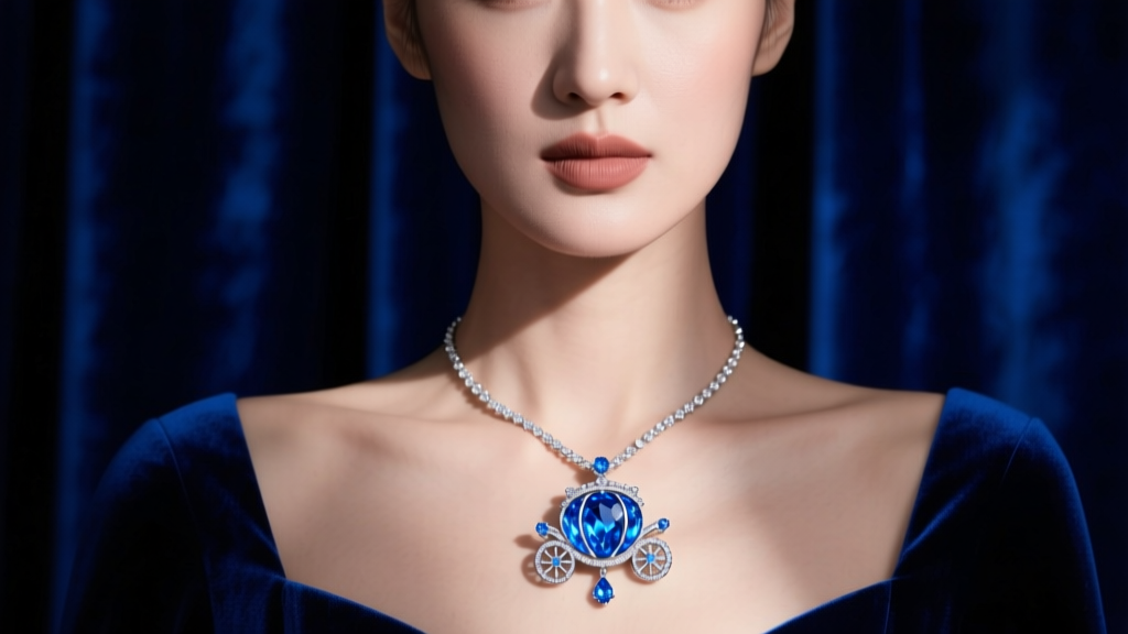 Woman wearing a glowing blue Cinderella carriage pendant necklace against a dark velvet backdrop with soft cinematic lighting