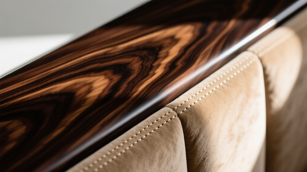 Close-up of macassar ebony wood grain and beige Alcantara lining inside a luxury watch box, showcasing precise stitching.