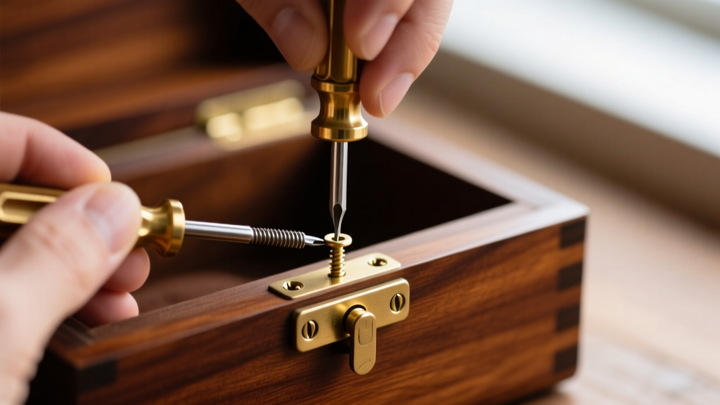 Hands using a precision screwdriver to tighten the tiny brass hinge screws on a vintage mahogany jewelry box latch assembly.
