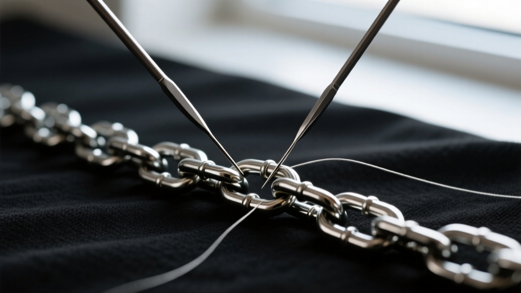 Tangled steel curb chain with a double cross clasp being carefully detangled on a dark mat using two fine, sharp sewing needles.