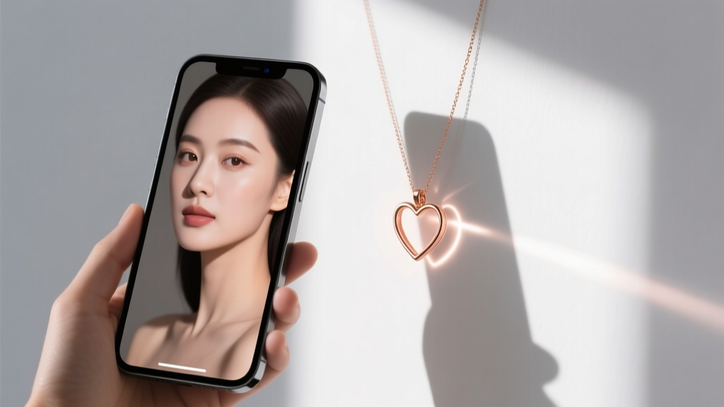 Smartphone showing a cropped portrait next to a rose gold heart projection necklace casting the tiny image onto a plain white wall.