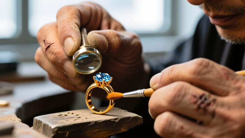 Extreme close-up of a jeweler's torch soldering a broken link on a 10k gold choker chain, with bright orange flux paste visible