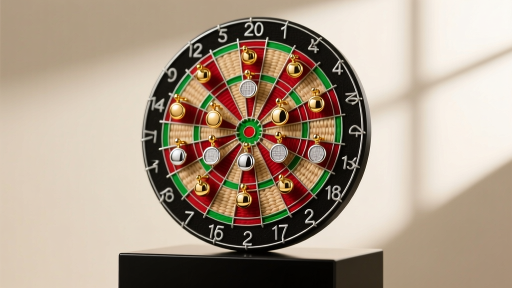 Miniature sisal dart board displaying 20-gauge gold and silver stud earrings pierced neatly into the red and green target sections.