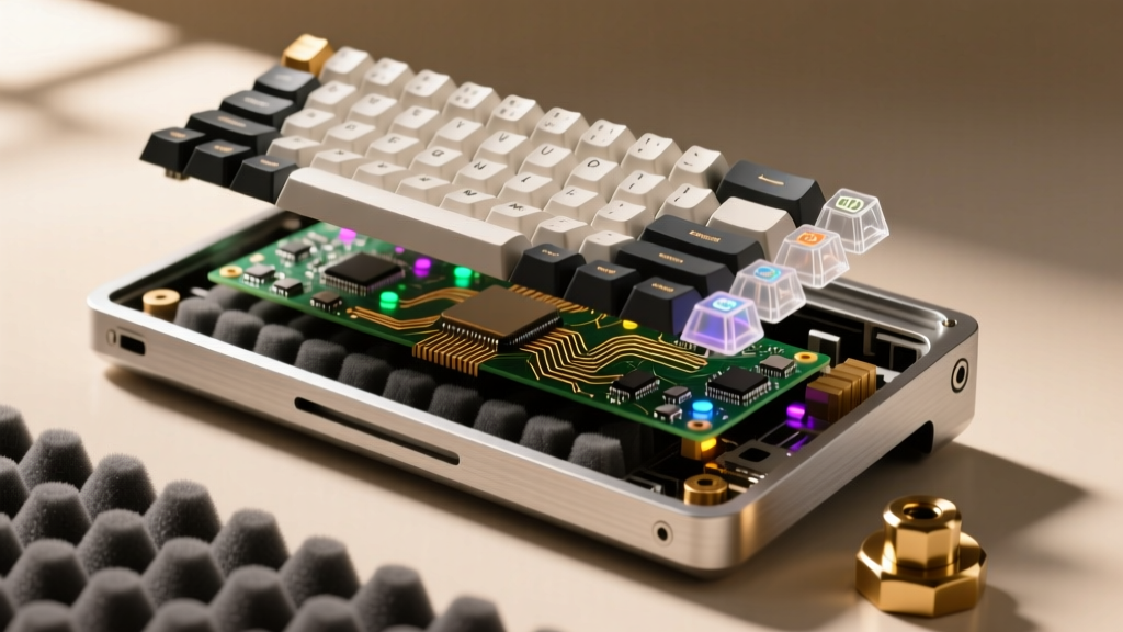 Exploded view of a custom keyboard showing the aluminum case, PCB, acoustic foam layers, brass weight, and floating keycaps.