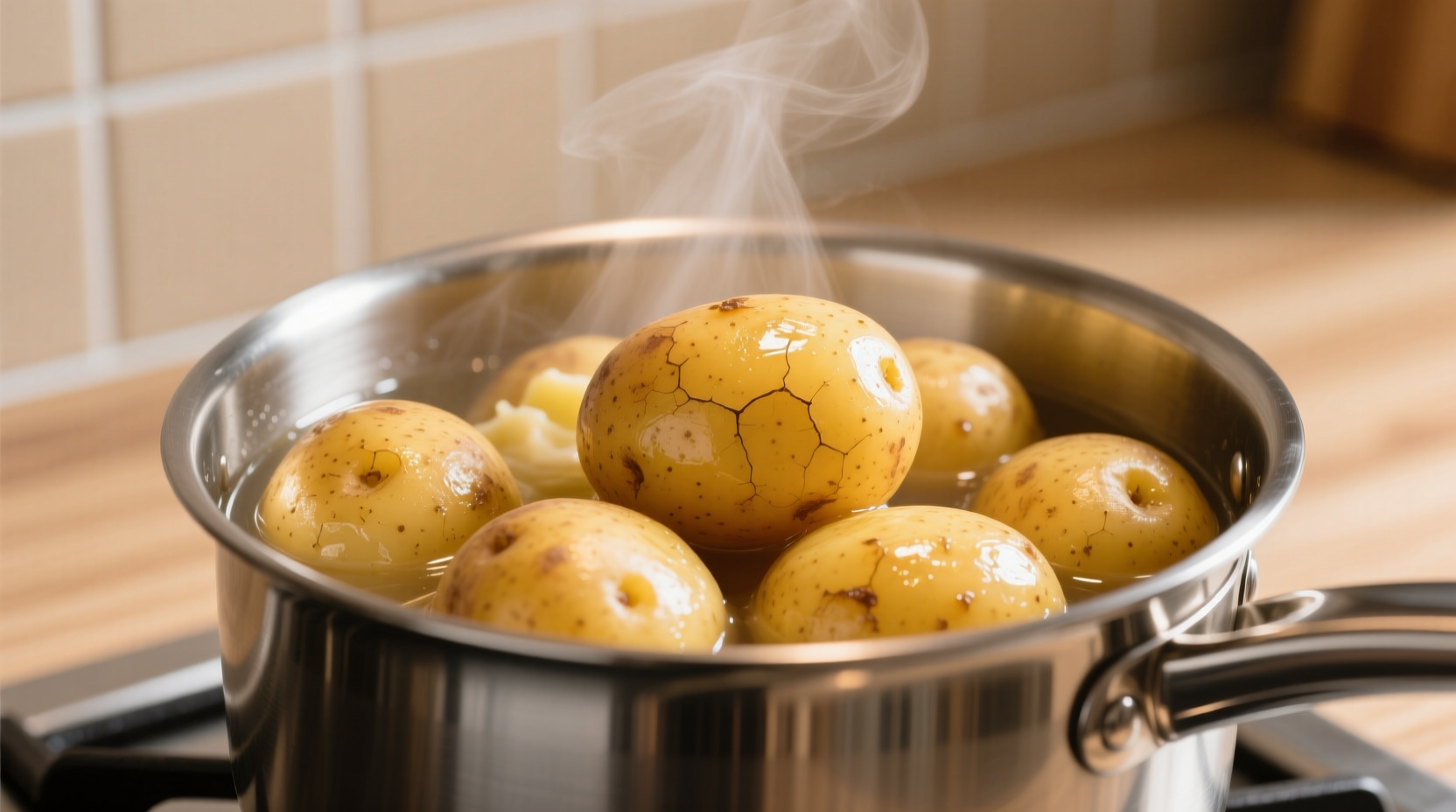 Perfectly boiled golden potatoes in a stainless steel pot