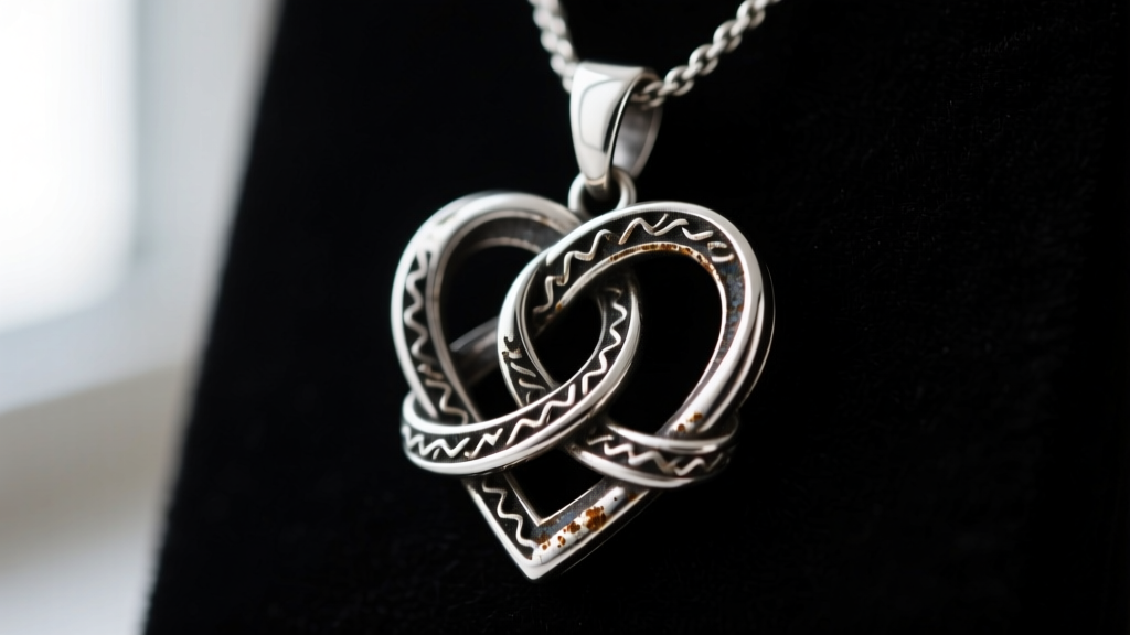 Tarnished sterling silver James Avery heart knot pendant showing dark oxidation inside the deep metal crevices against dark velvet.