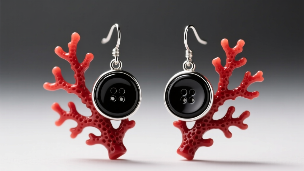 Close-up of whimsical dark-academia Coraline earrings featuring carved red organic coral and black enamel button motifs on silver.