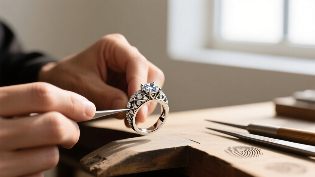 Jeweler's hands using a graver tool to hand-engrave a floral motif onto an 18k rose gold heirloom necklace pendant in a studio.