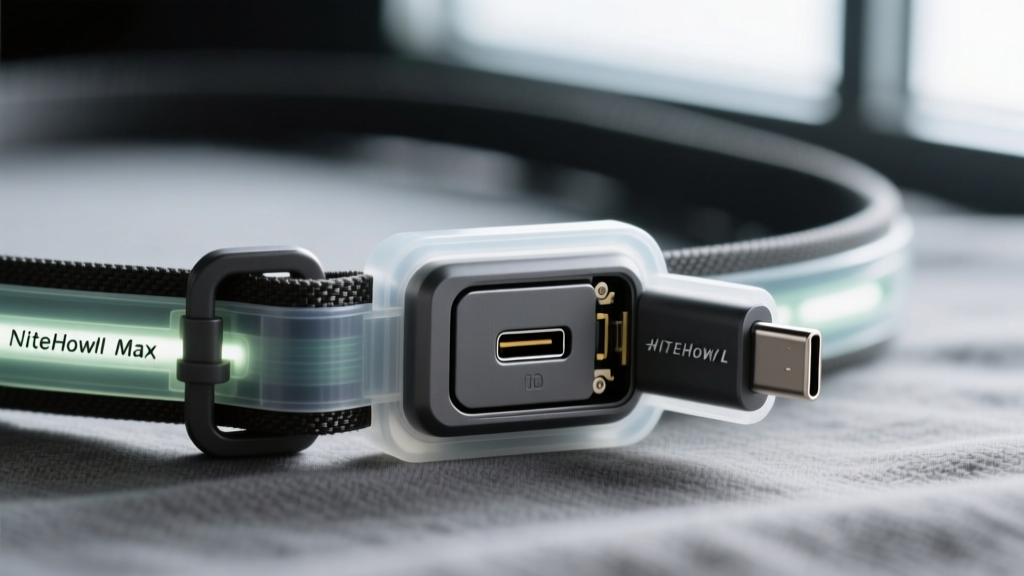Macro photo of the polycarbonate quick-release buckle on the NiteHowl Max LED necklace showing the USB-C charging port cover