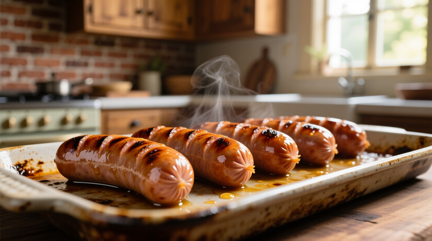 Perfectly browned sausages on baking sheet
