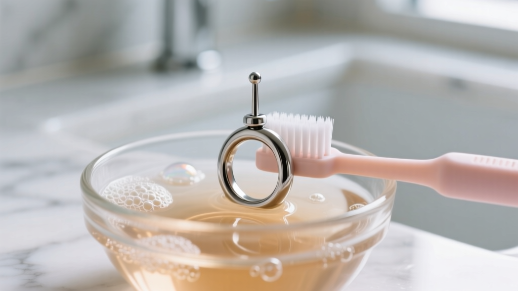 A soft-bristled baby toothbrush gently scrubbing a surgical steel septum clicker ring in a small glass bowl of warm soapy water.