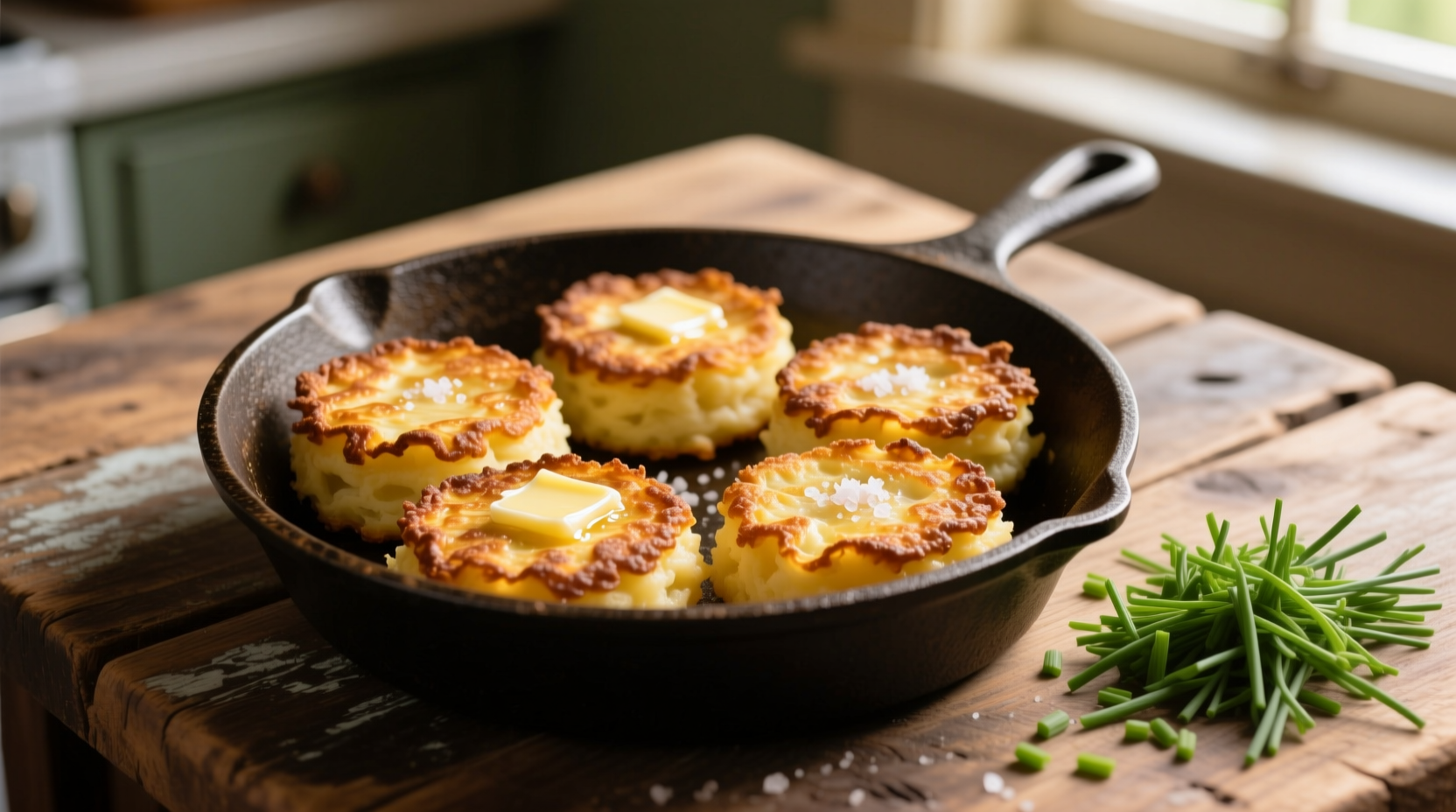 Golden brown mashed potato cakes with crispy edges