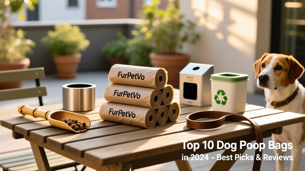 Stack of FurPetVo poop bag rolls alongside eco-friendly accessories like bamboo scoops and reusable waste stations