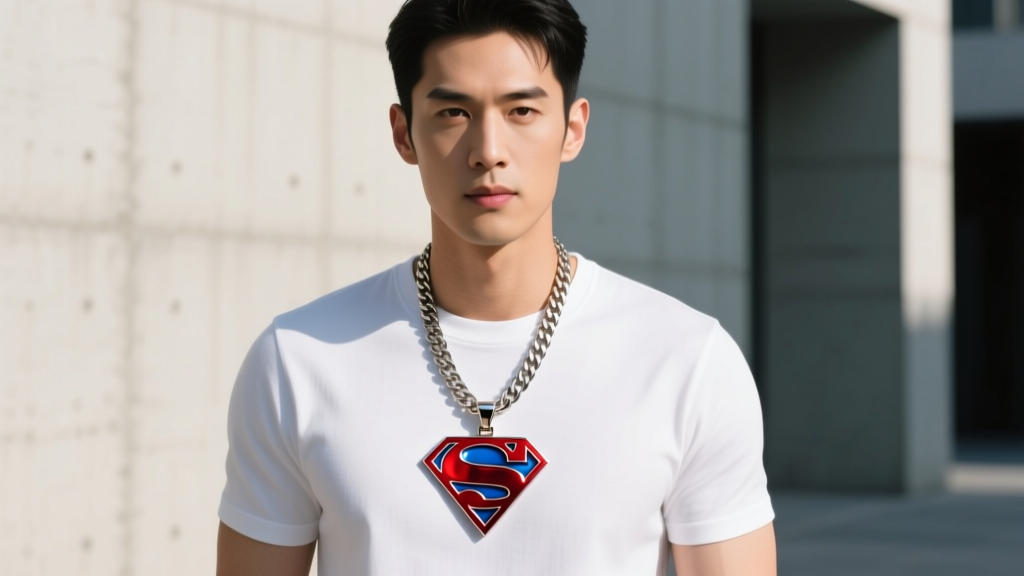 Man wearing a layered 18-inch box chain and 20-inch Superman pendant over a crisp white crewneck t-shirt in natural sunlight.