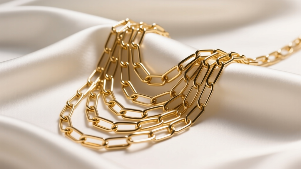 Layered PVD gold stainless steel paperclip chains on white silk, warm studio lighting, high fashion editorial photography.