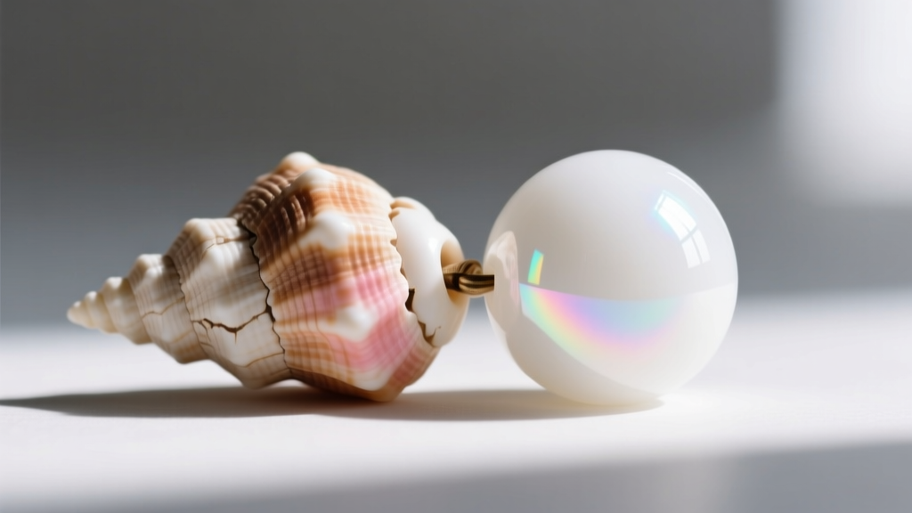 Macro photography comparing a natural asymmetrical cone puka shell bead with a perfectly round synthetic resin imitation bead