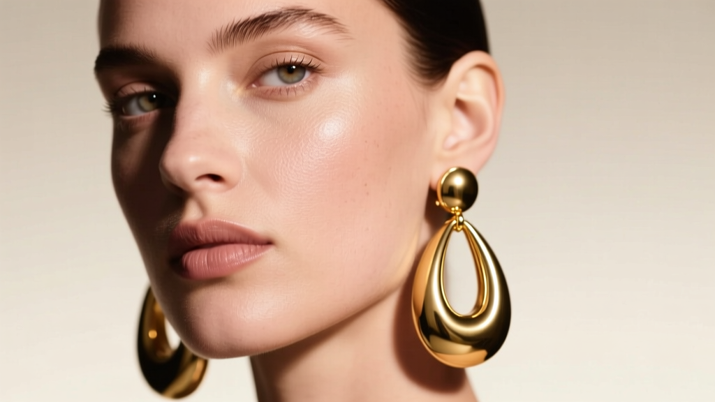 Close-up of a model wearing oversized gold-tone Bottega Veneta teardrop earrings, soft studio lighting highlighting polished brass.
