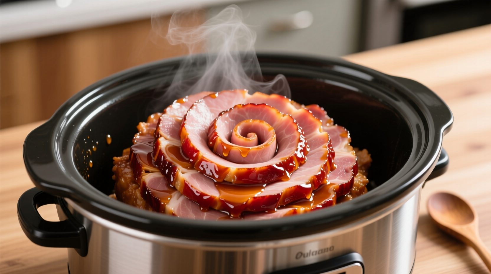 Sliced spiral ham in slow cooker with glaze