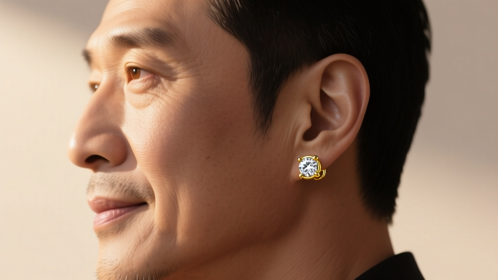 Side profile of a man wearing a small 14k solid yellow gold bezel-set diamond stud earring, natural sunlight highlighting gold