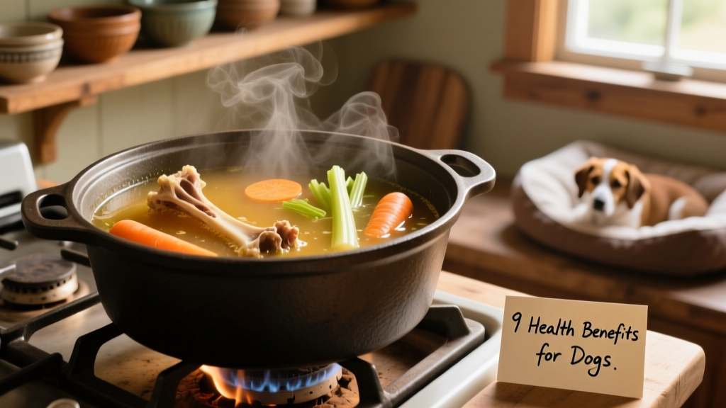 Simmering pot of homemade bone broth with chicken bones, carrots, and celery on a stovetop