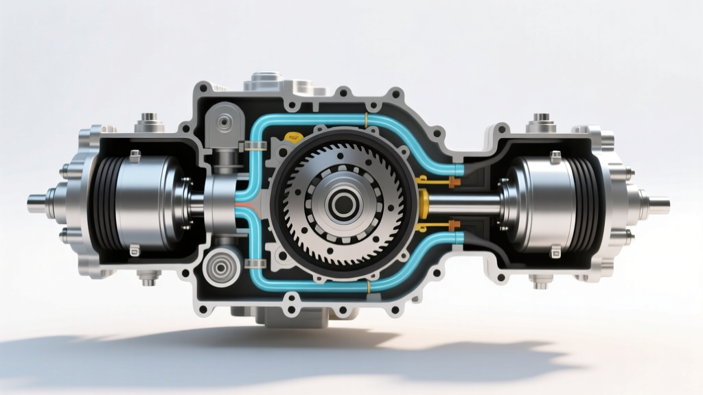 Cutaway diagram of a Honda dual pump rear differential showing the twin hydraulic pumps and wet clutch pack assembly